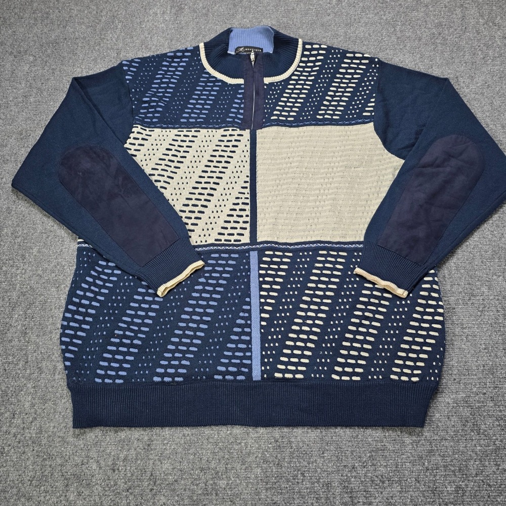 Montique‎ Mens 2XL Blue Tan Geometric Print 1/4 Zip Neck Sweater Elbow Patches